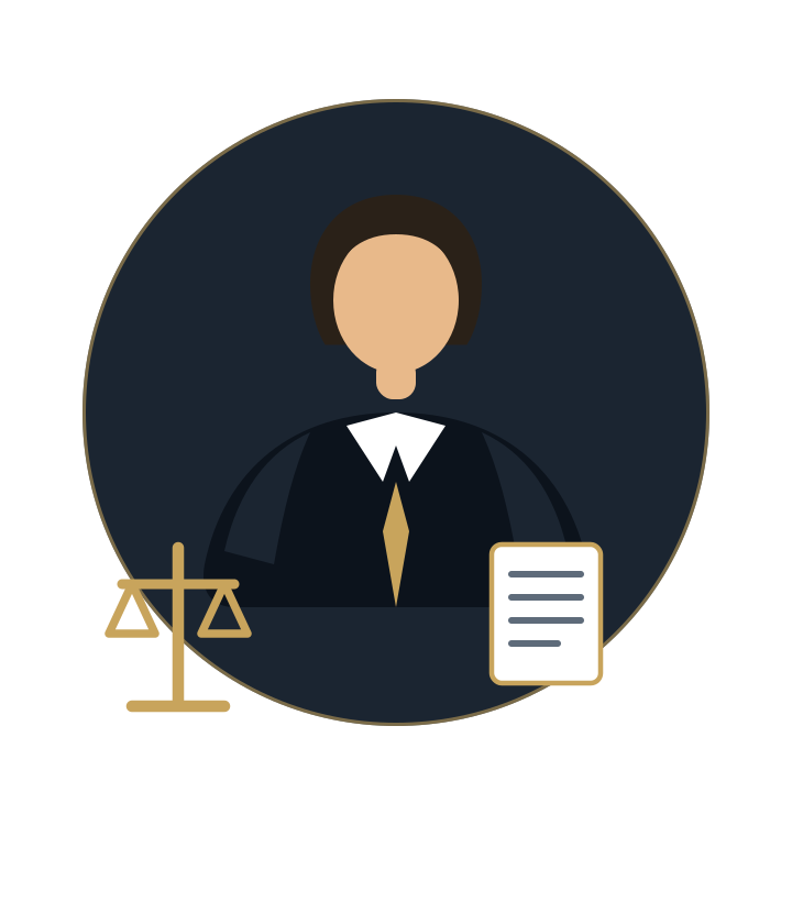 Trademark attorney with scales of justice and legal documents